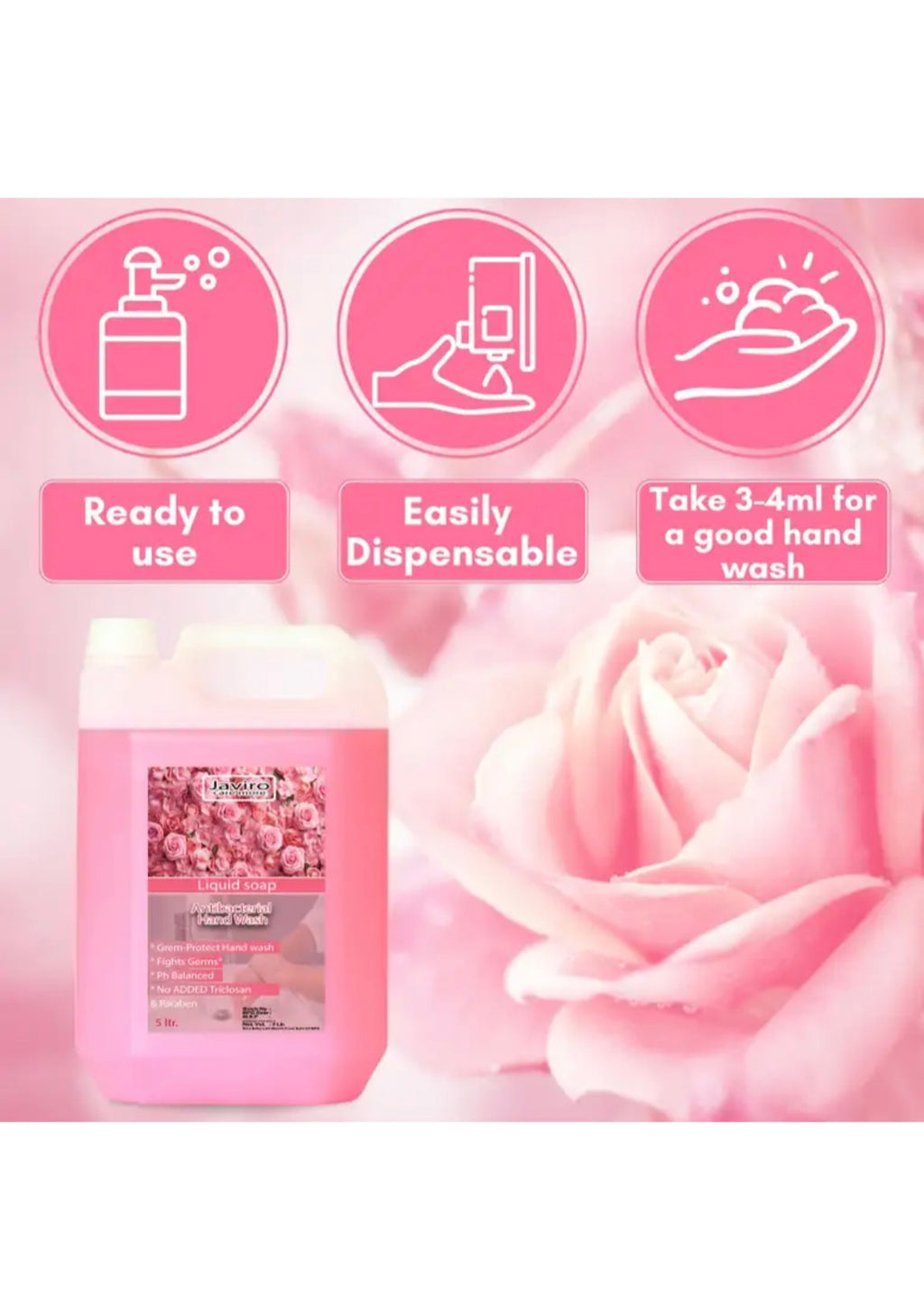 Javiro Handwash Liquid Refill Can, Refreshing Rose Antibacterial germ-protect | Advanced Disinfection Formula| pH Balanced Hand Wash Can (5000 ml)